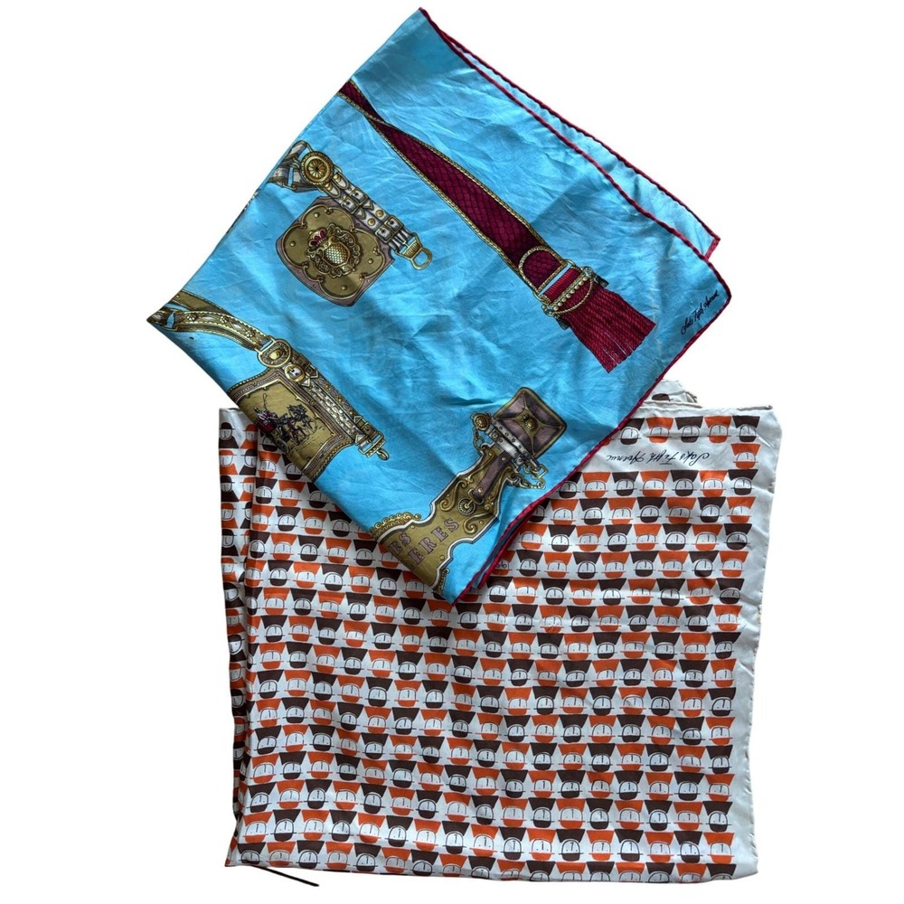 Bundle 2 Vintage Saks Fifth Avenue Silk Scarf Abstract Faces Print Orange Brown
